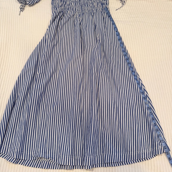 LOFT Striped Midi Dress Tie Puff Sleeve Blue Tan Minimalist Women's Dress MP - Picture 11 of 11